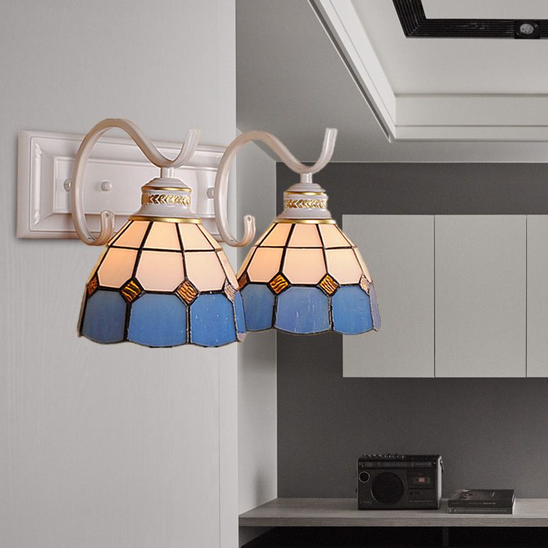 2 Lights Domed Wall Light Fixture Mediterranean Stained Glass Vanity Light in White/Black for Bathroom