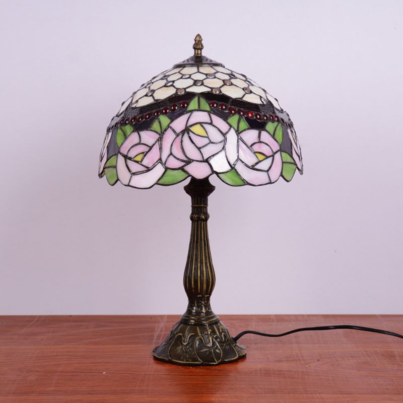 Peony Blossom Table Light Tiffany Handcrafted Pink/Orange Glass Single Bronze Night Lamp