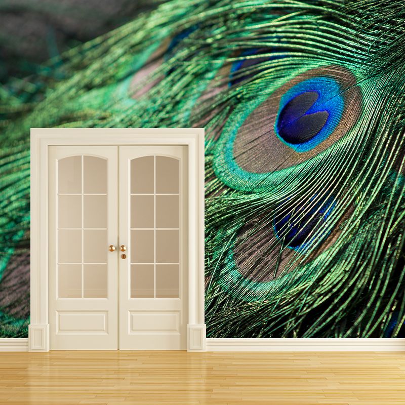 Photography Style Peacock Feather Mural Wallpaper Moisture Resistant for Sitting Room
