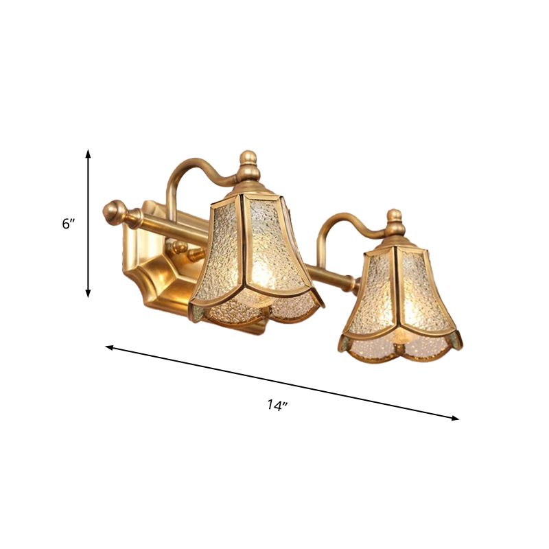Traditional Trumpet Vanity Sconce Textured Glass 2/3 Bulbs Wall Mounted Light Fixture in Brass