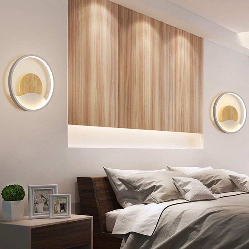 Iron and Wood Modern Wall Mount Round LED in White / Grey Wall Light