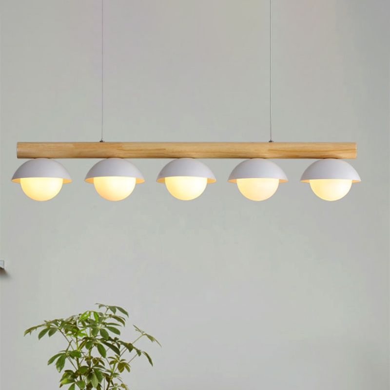 Modern Simple Linear Chandelier Wood Stem 5/7 Lights White Shade Billiard Lights for Restaurant