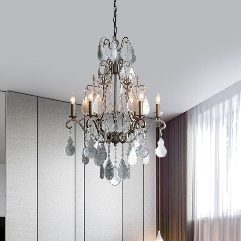 6 Lights Swirl Arm Candlestick Chandelier Rural Rust Metal Ceiling Pendant with Dangling K9 Crystal Accent