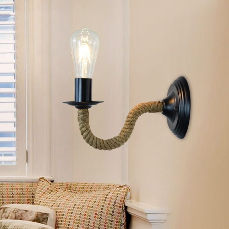 Traditional Bare Bulb Sconce Light Fixture 1-Light Metal Wall Mounted Light with Rope-Wrapped Arm in Black