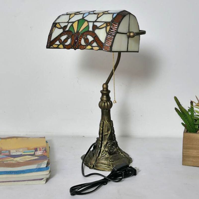 Bronze 1-Bulb Pull Chain Desk Light Mediterranean Hand Cut Glass Rollover Shade Nightstand Lamp with Plug-In Cord