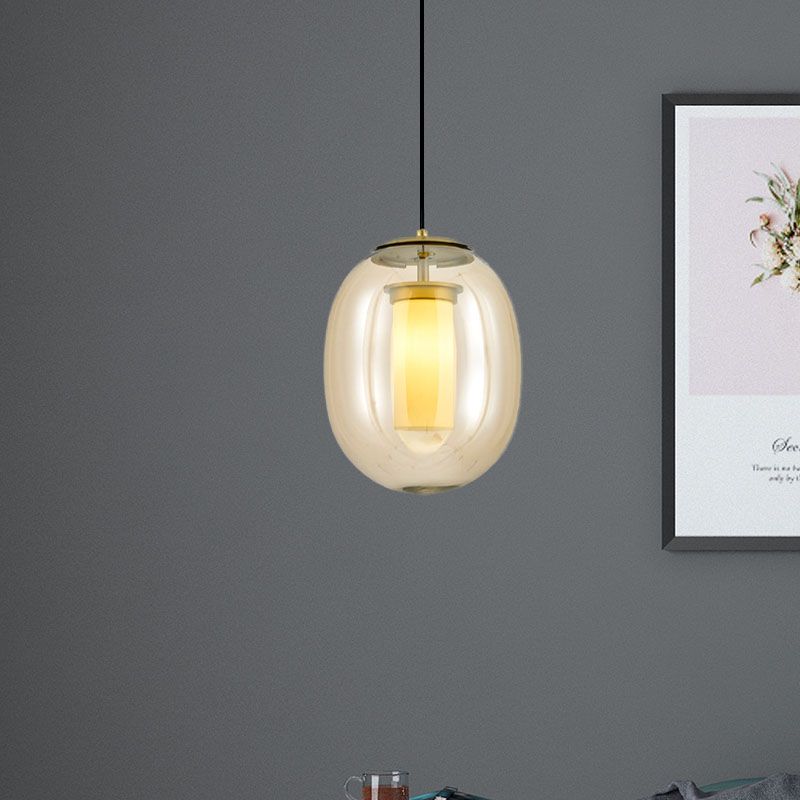 Kit de lámpara colgante ovalada de vidrio transparente contemporáneo 7 "/8.5" de ancho 1 cabeza de oro Luz de oro para comedor