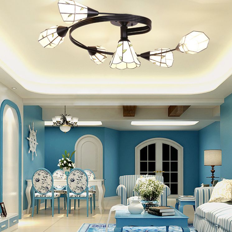 Tiffany Flower Semi Flush Light Stained Glass Ceiling Mounted Light for Living Room