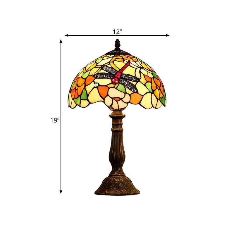 Lampada da tavolo Tiffany a 1 testa con luce notturna in vetro bronzo lavorato a mano con libellula e peonia