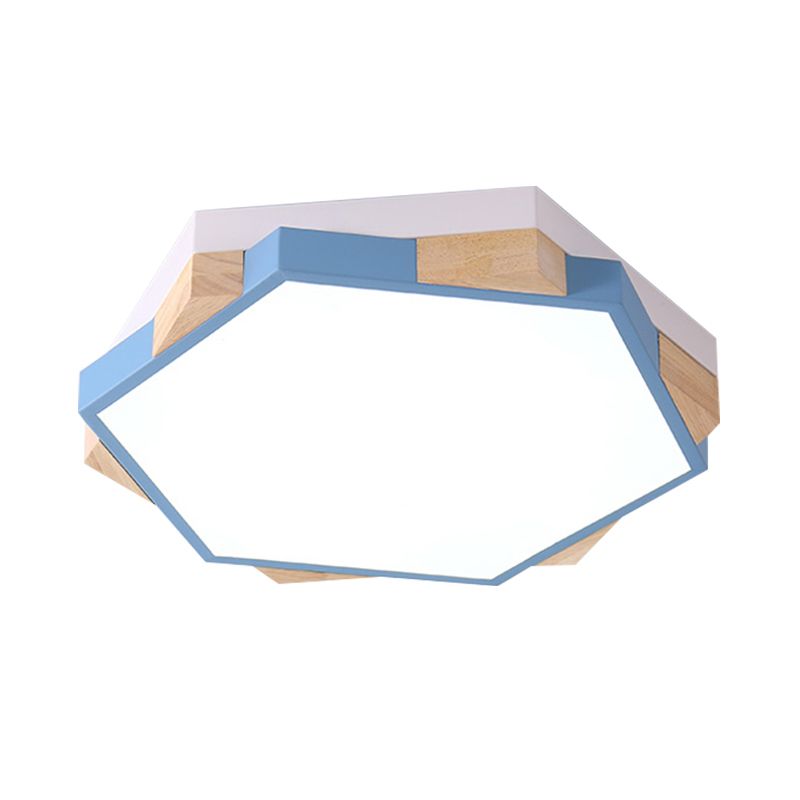 Moderne LED-Einbauleuchte in Rosa/Gelb/Blau, sechseckig, nah an der Decke, mit Metallschirm in warmem/weißem Licht