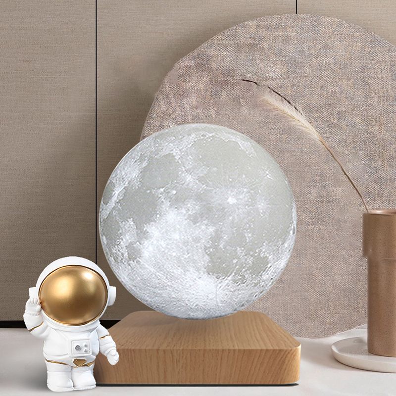 Kids Moon Sphere Maglev Table Lamp Plastic Bedside LED Night Lighting in White-Wood