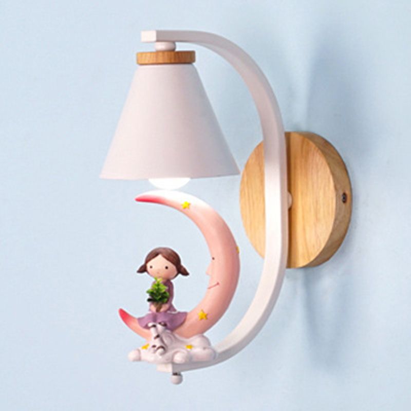Tapered Wall Mount Light Kids Metallic 1-Light Bedside Wall Lighting with Decorative Figurine in White