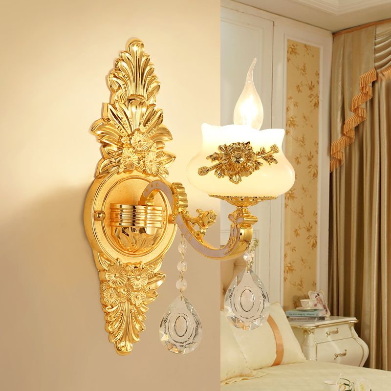 1/2 Bulbs Wall Light Sconce Traditional Living Room Wall Lighting Fixture with White Glass Shade in Gold