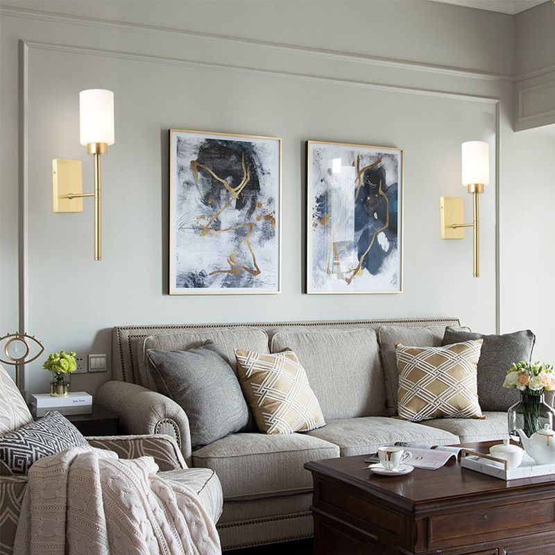 Contemporary Sconce Lights Brass Arm Wall Light for Hotel Bedroom in White Glass Shade