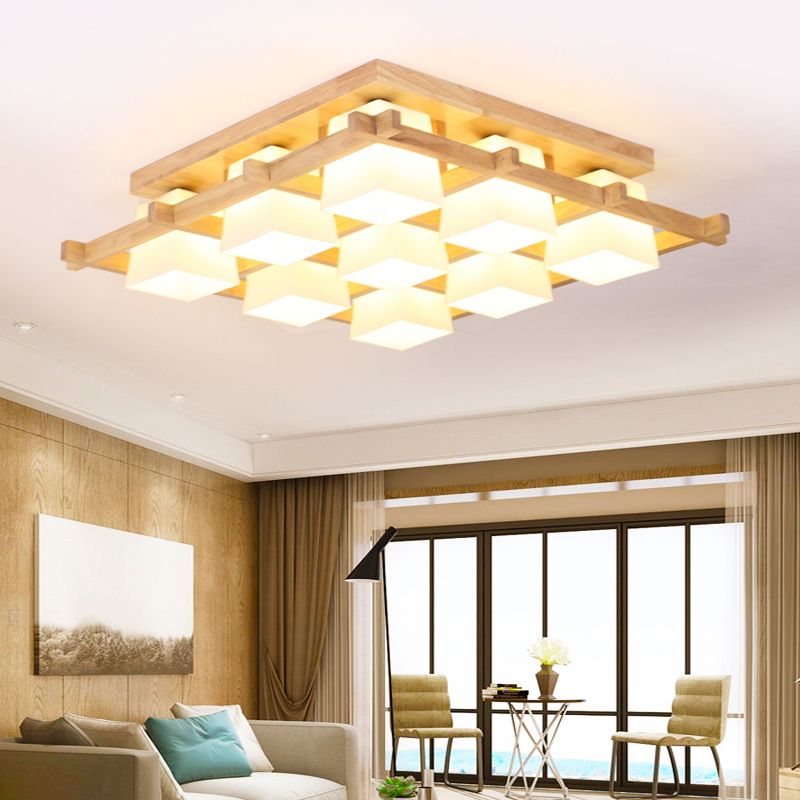 Luminaire encastré géométrique en verre crème de style japonais en bois