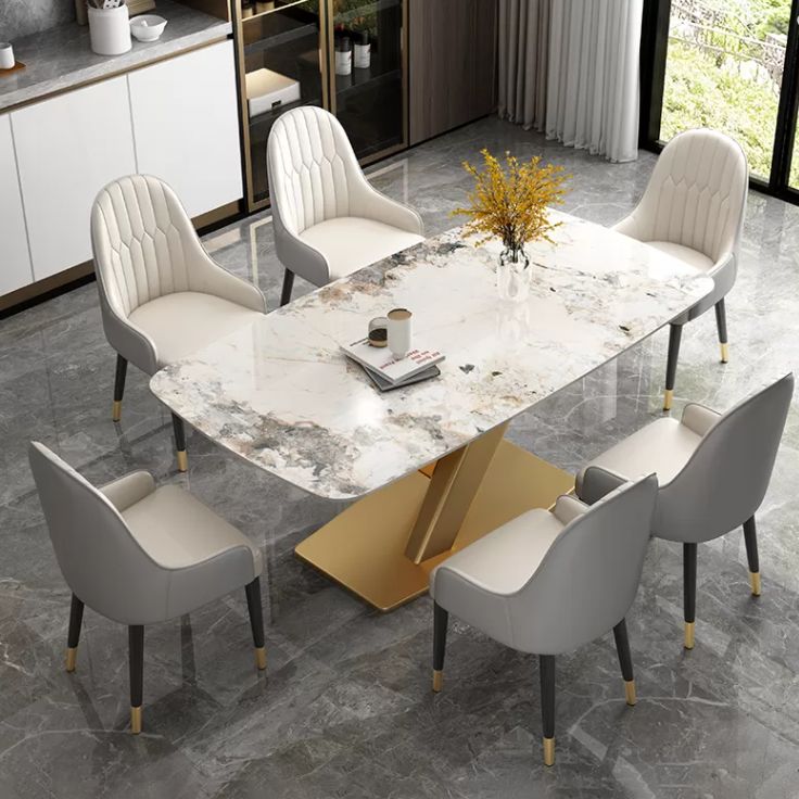 Kitchen Contemporary Sintered Stone Top Dinette Set with Pedestal Base Dining Room Furniture