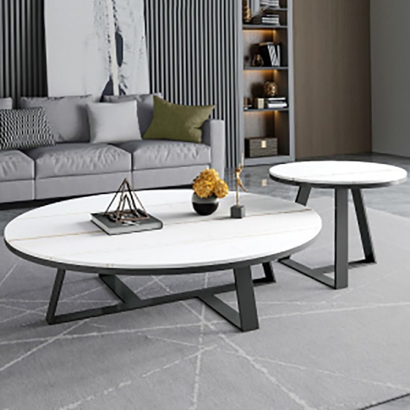 Glam Oval Stone Top Coffee Table with Iron Cross Base 17.71" High