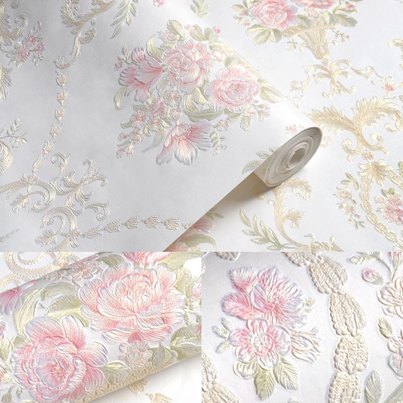 Removable Peony Flower Wallpaper Farmhouse Non-Woven Fabric Wall Art in Pastel Color, Self-Stick