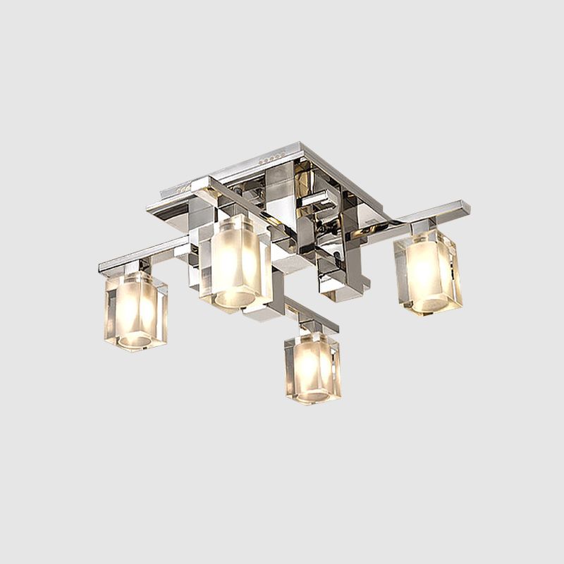 Cuboid Semi Flush Light Fixture Modernist Clear Glass 4 Heads Chrome Finish Flush Ceiling Lamp