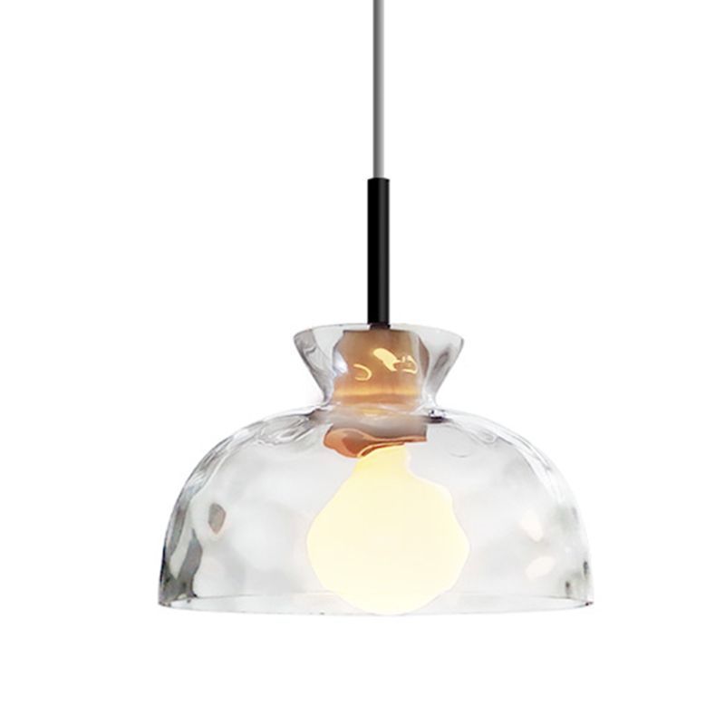 Clear Rippled Glass Shaded Pendant Nordic 1 Head Wood Suspension Light for Dining Room