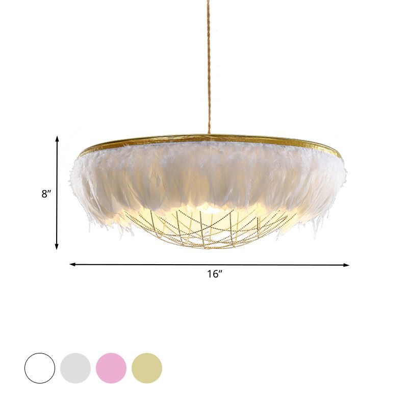 Cage Dome Lamera lampadina metallica Light Modern 2 Bulbs Lampada a soffitto appeso oro con piume bianco/grigio/rosa