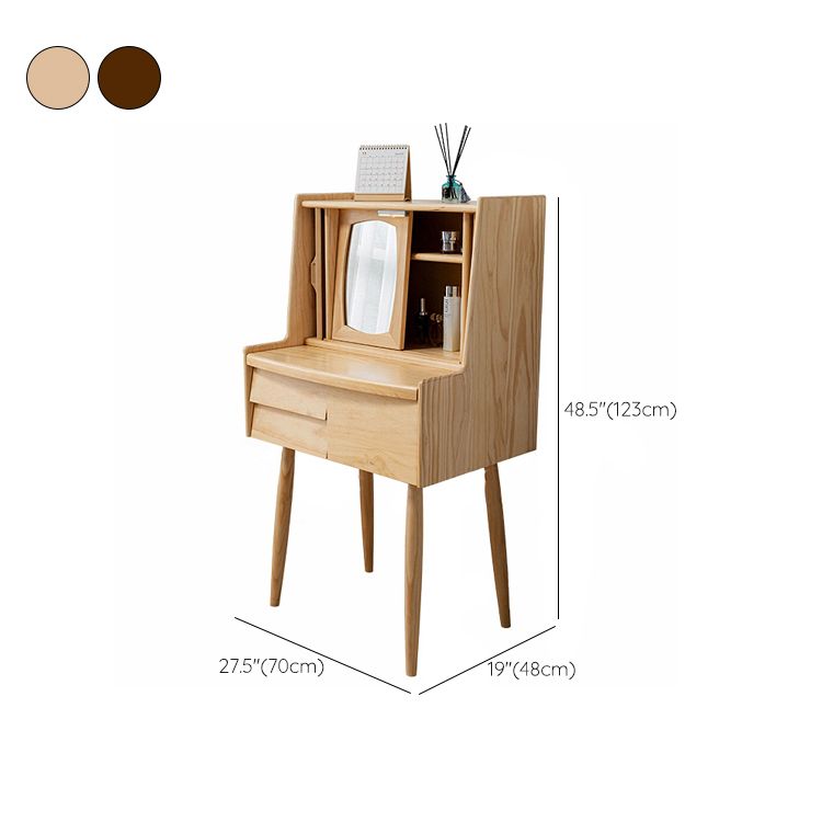 Solid Wood Makeup Table Vanity Stool with Drawers and Mirror in Brone