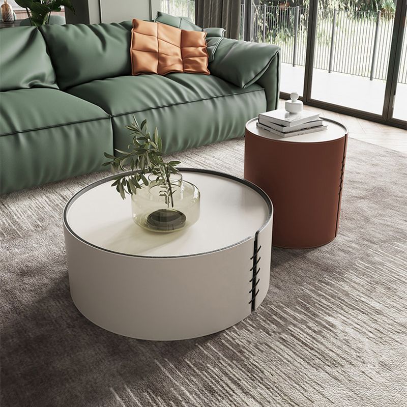 Round White Coffee Table Leather Drum 1 Single Cocktail Table