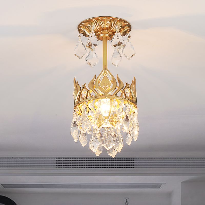 Raindrop Restaurant Pendulum Light Cut Crystal 1 Bulb Modern Pendant Lamp with Crown Design in Gold