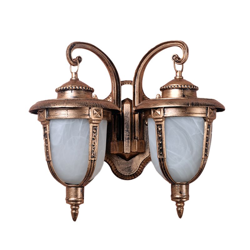2 Heads Acorn Sconce Light Fixture Country Rust Aluminum Wall Mount Lamp with Cracked Glass Shade