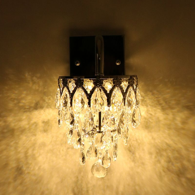 Polished Chrome LED Wall Lamp Modern Crystal Draped Sconce Lighting with Arched Arm