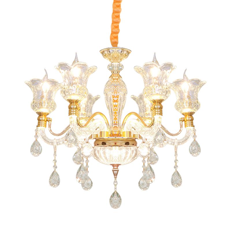 Bloesem helder glazen plafondlamp modern 6 lampen slaapkamer kroonluchter in goud met kristalval