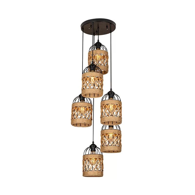 3/6 Heads Cluster Pendant Light Lodge Birdcage Criss-Cross Woven Rope Hanging Light Kit in Brown, Round/Linear Canopy