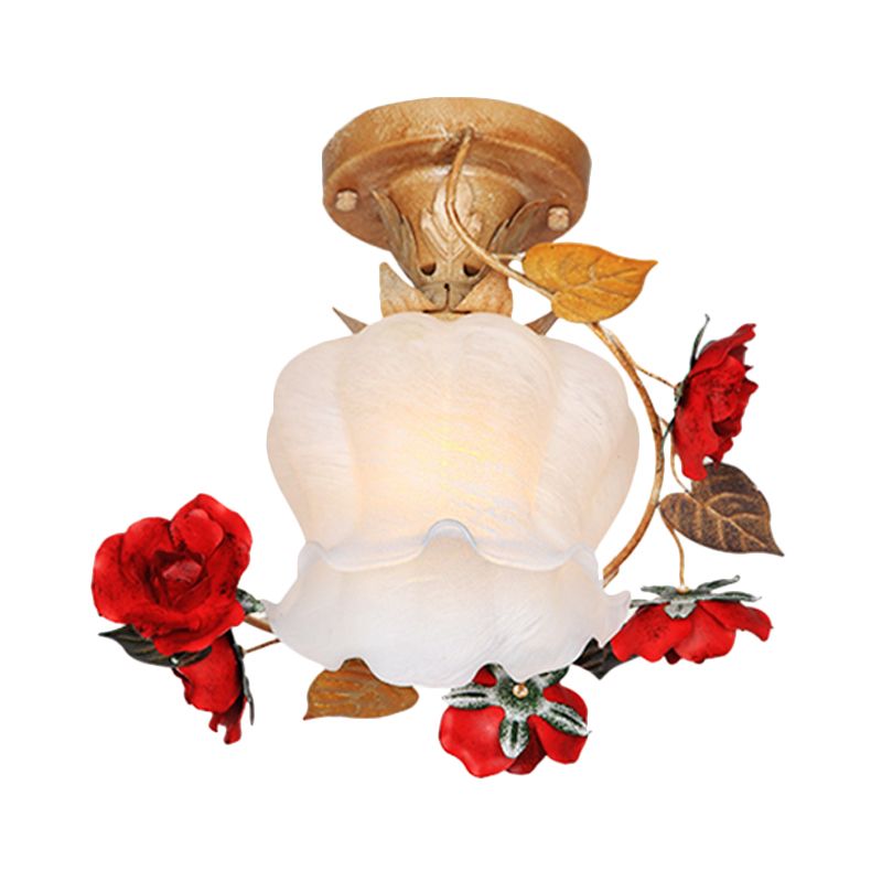 1 Light Bloom Semi Flush Mount Pastoral Style Brown Milky Glass Close to Ceiling Lighting Fixture