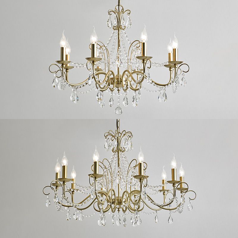 American Rustic Style Chandelier Light with Clear Crystal Drops Multi-lights Vintage Dining Room Lighting Fixture