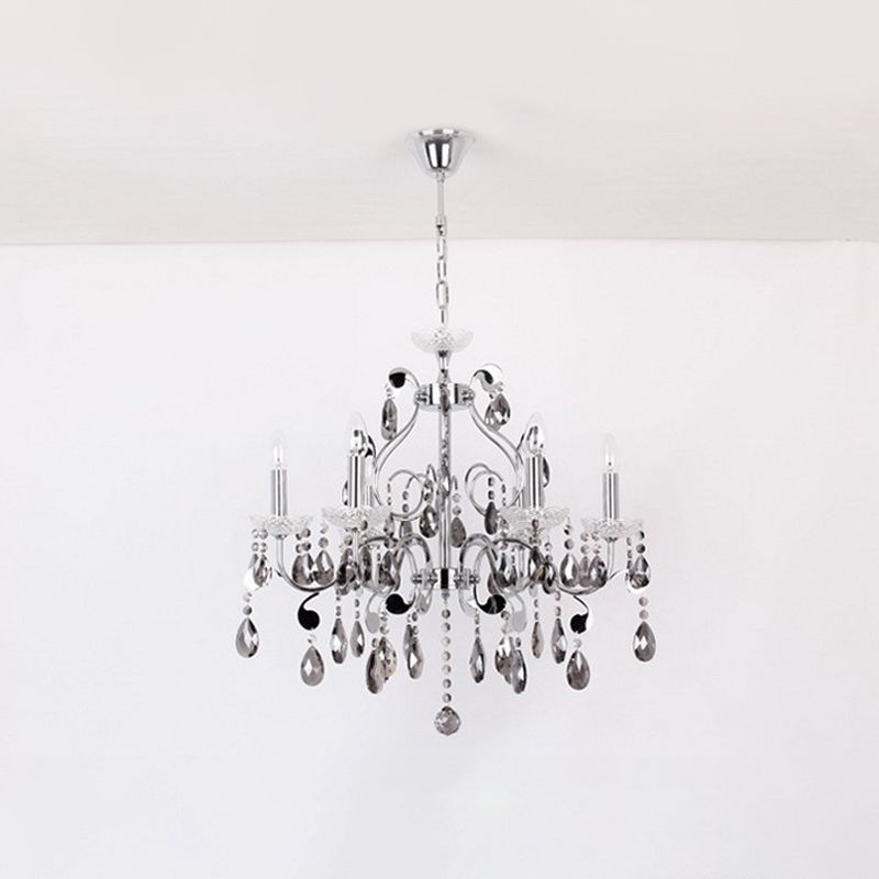 6 Lights Candle-Style Hanging Chandelier with Swirled Arm Smoke Grey Crystal Contemporary Dining Room Suspension Lamp