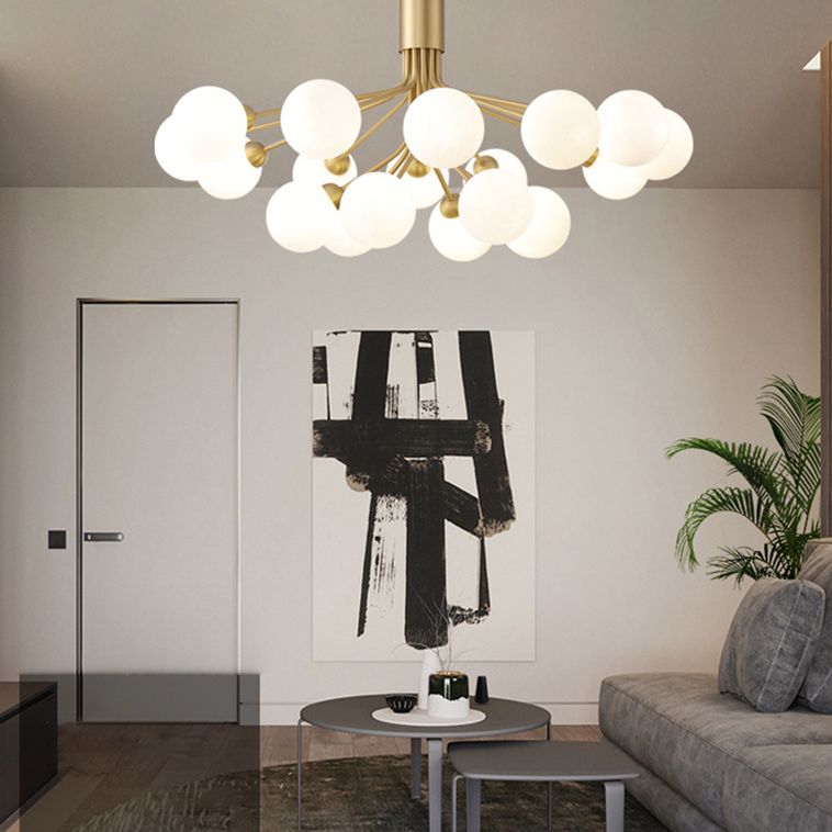 Post-Modern Starburst Hanging Chandelier Light Opal Glass Shade Ceiling Chandelier in Gold for Living Room