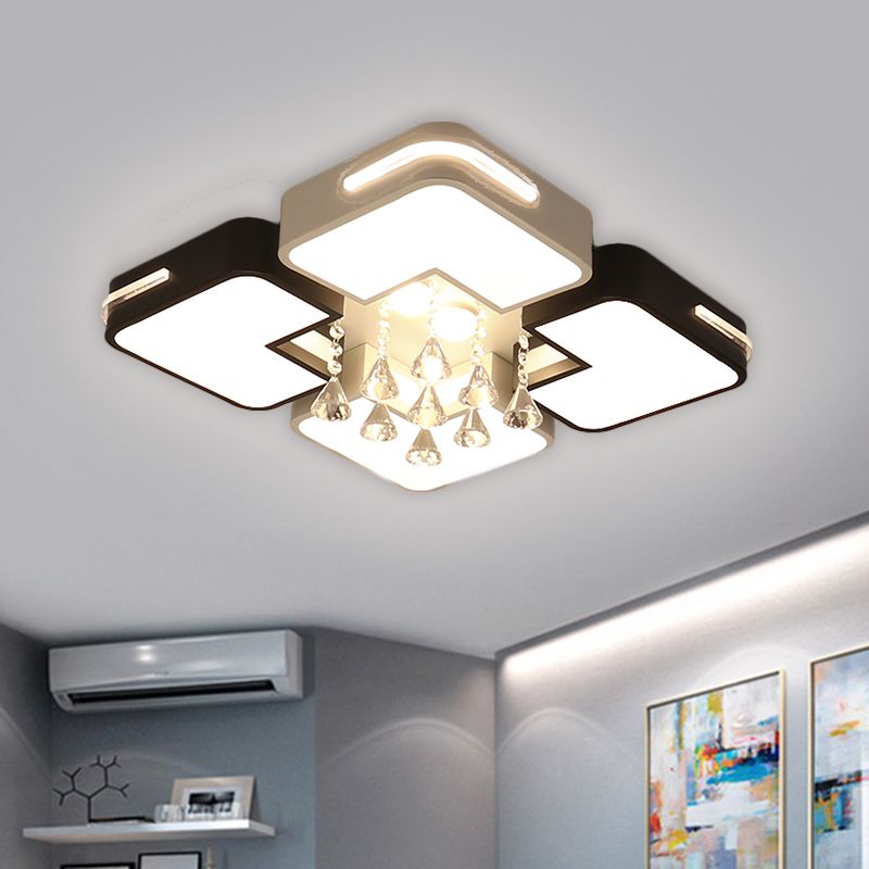 Square Flushmount Lighting Simple Metal Black and White LED Ceiling Fixture with Crystal Drop, Warm/White Light
