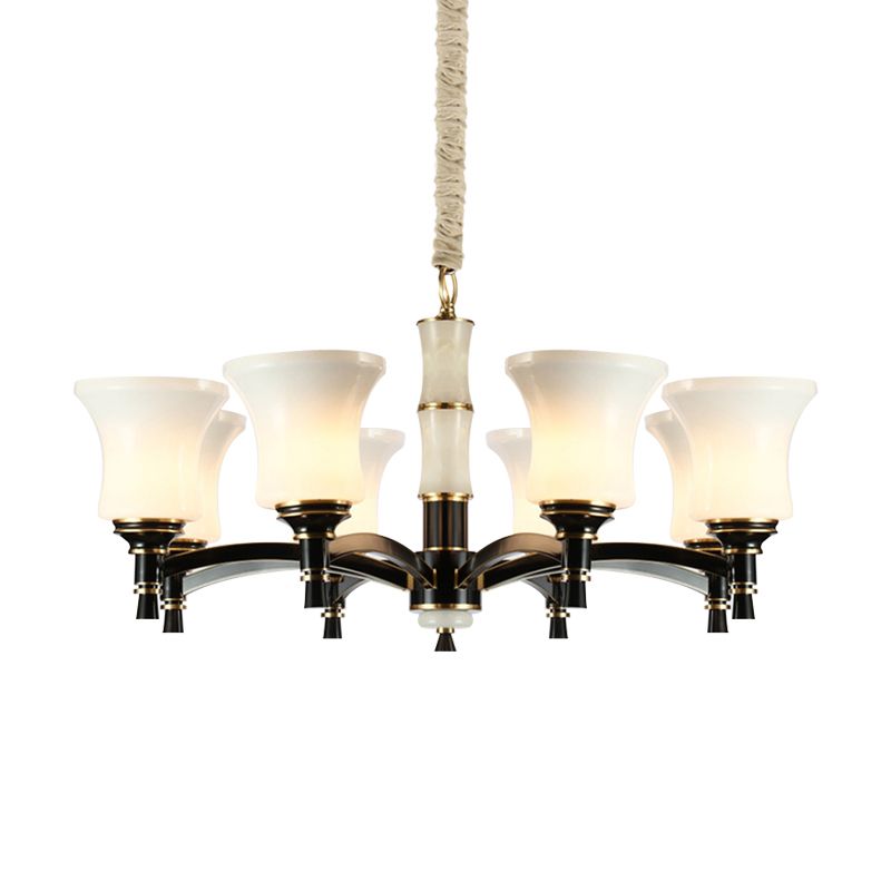 Black Flared Shade Hanging Pendant Light Traditional Style Frosted Glass 6/8-Head Living Room Chandelier Light