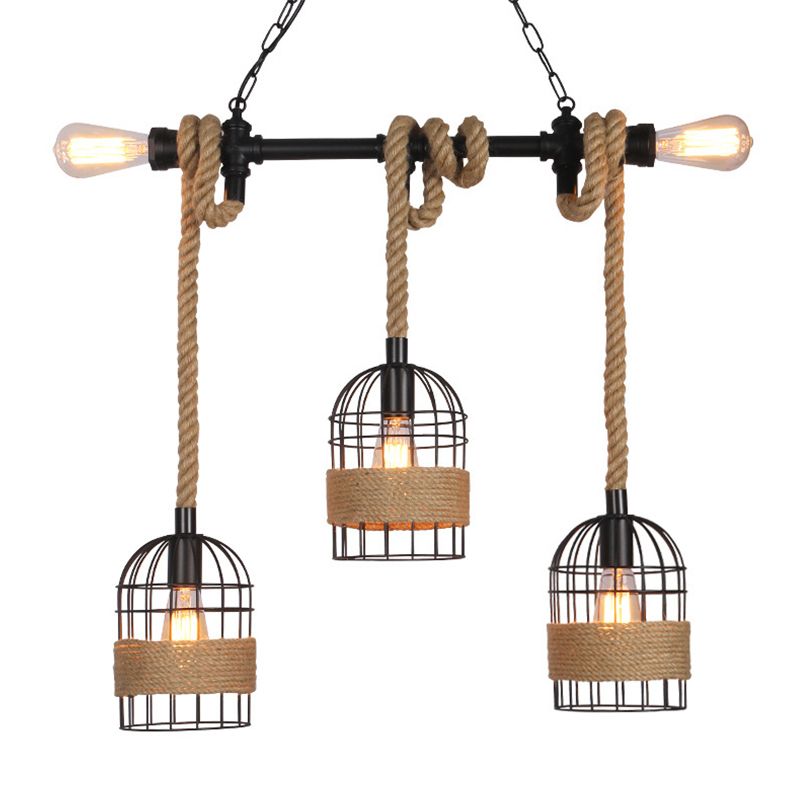 Industrial Iron Cage Shape Island Lamp Metal 5 Lights Pendant Light for Restaurant