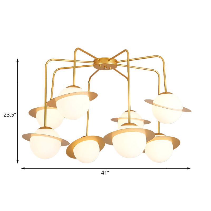 Lámpara de araña radial de metal contemporánea 8 luces de oro/cromo led colgante lámpara de techo accesorio con tono de globo de vidrio blanco