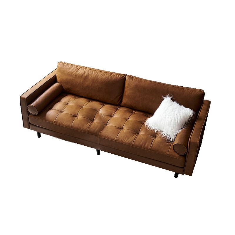 Brown Leather Settee Couch Square Arm Standard Bench Seating