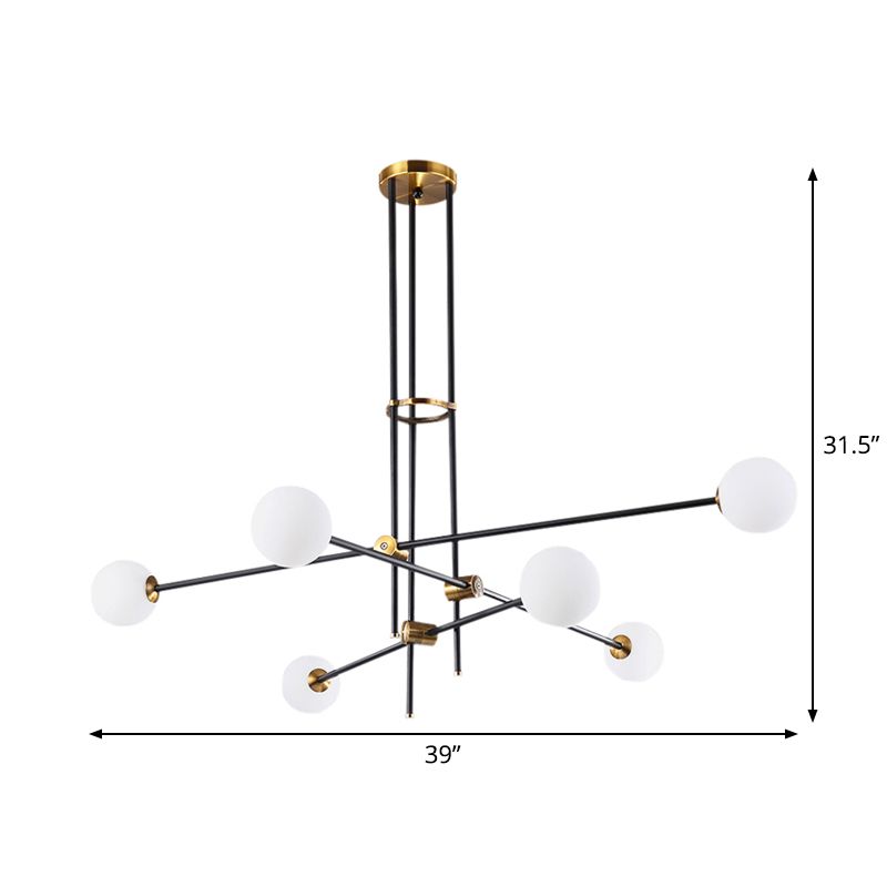 Schwarzer 3-Arm-Kronleuchter-leichter postmoderner 6 Lampenmodelle Deckenanhänger mit Ballmilchglasschatten
