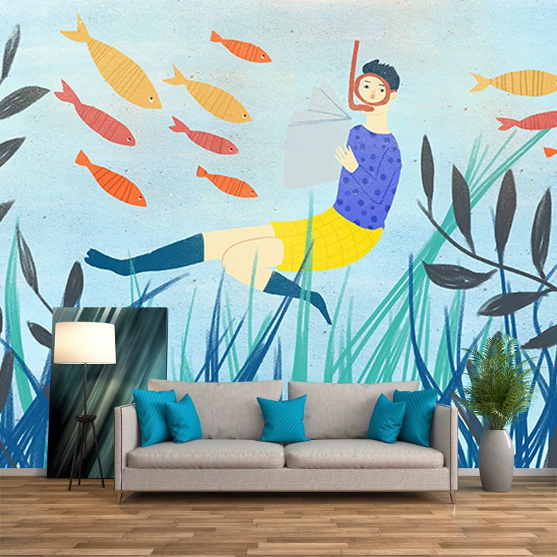 Blue Reading Undersea Mural Decal Moisture Resistant Wall Art for Childrens Bedroom