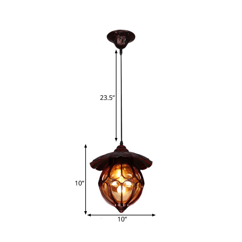 Farmhouse Globe Pendant Light 1 Light Amber Glass Suspension Lamp in Copper with Scalloped Deco