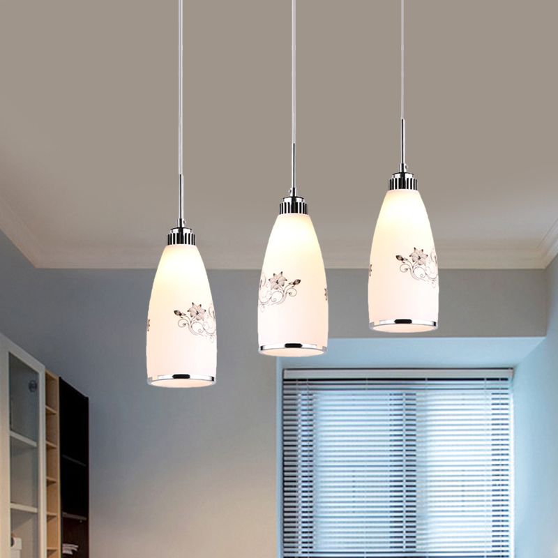 3-Bulb Cone Multiple Hanging Lamp Minimalism Black/Yellow/Blue Printing Glass Pendulum Lamp with Linear/Round Canopy