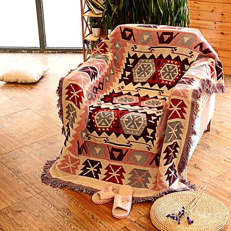 Multicolor Woven Geometric Pattern Rug Cotton Bohemian Rug Washable Pet-Friendly Carpet for Room