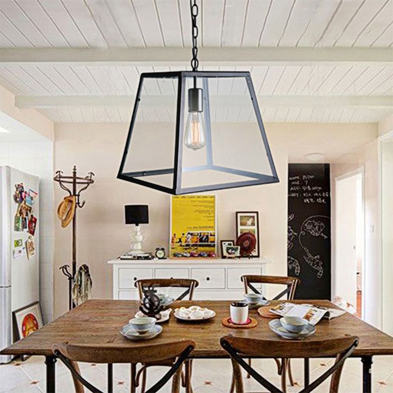 Industrial Trapezoid Pendant Lighting 1 Light Clear Glass Hanging Light Fixture in Black, 7" /12" Wide
