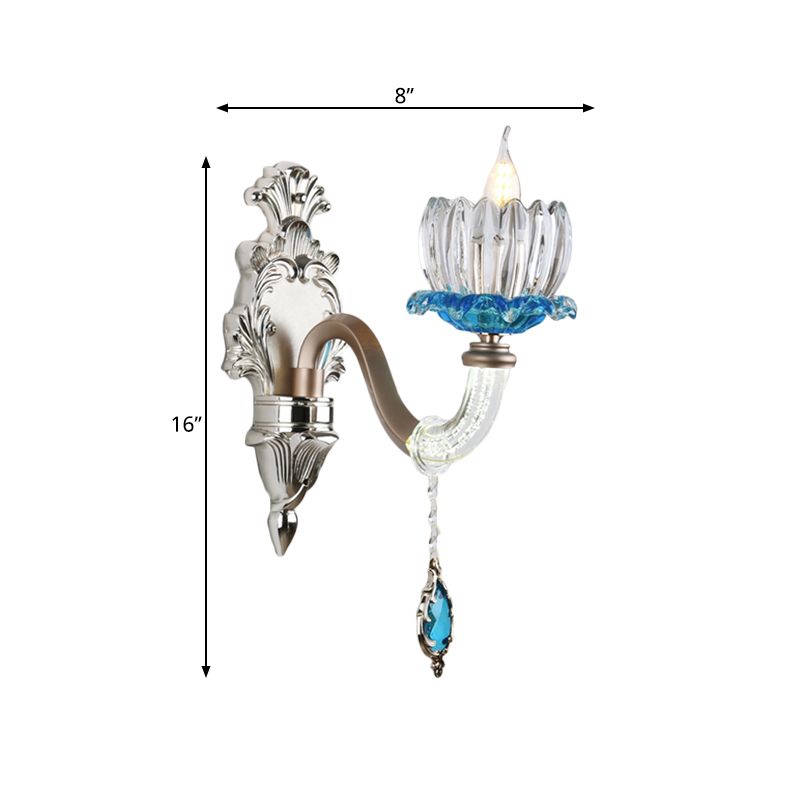 Clear Glass Floral Wall Light Modern Style 1/2-Light Chrome Finish Sconce Lamp with Metal and Crystal Arm