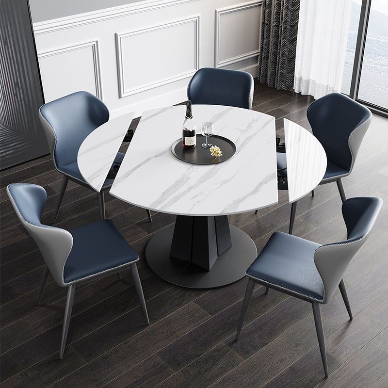 Extendable Round Dining Table Modern Sintered Stone Top Table with Black Pedestal