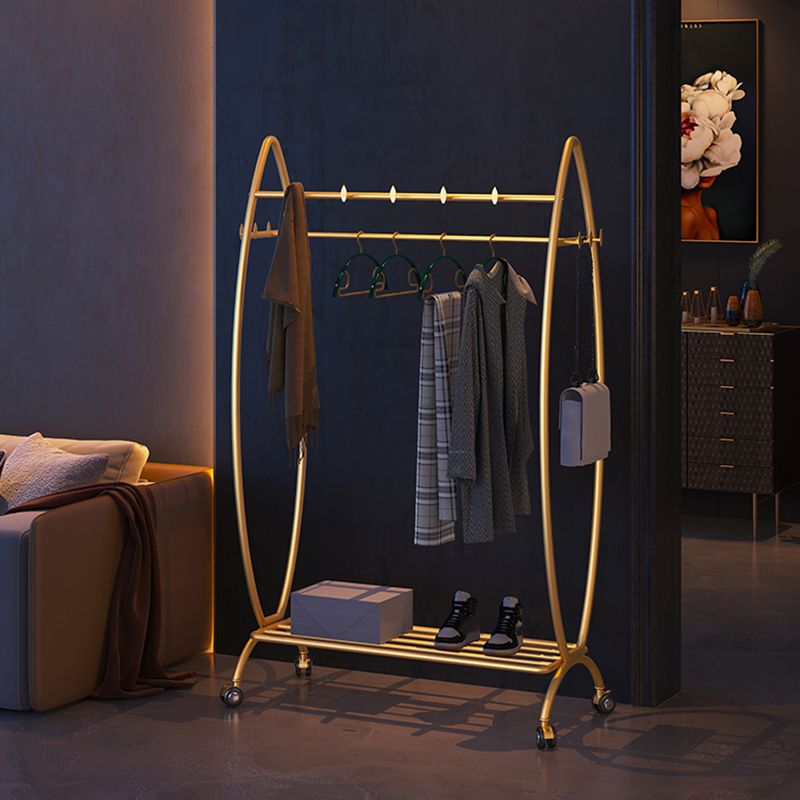 Modern Hanger Free Standing Golden Metal Coat Rack with Storage Shelves
