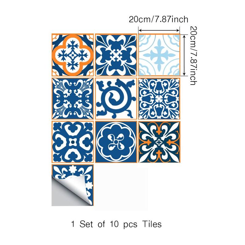 Moroccan Tiles Wallpaper Panel Set in Orange-Blue Self-Adhesive Wall Decor for Kitchen